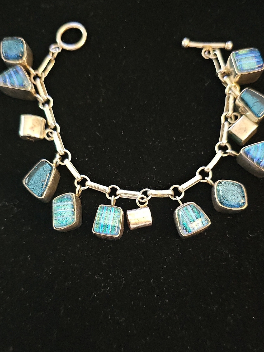 Sterling Silver Blue Dichroic Glass Charm Bracelet - Women's Jewelry. Beautiful